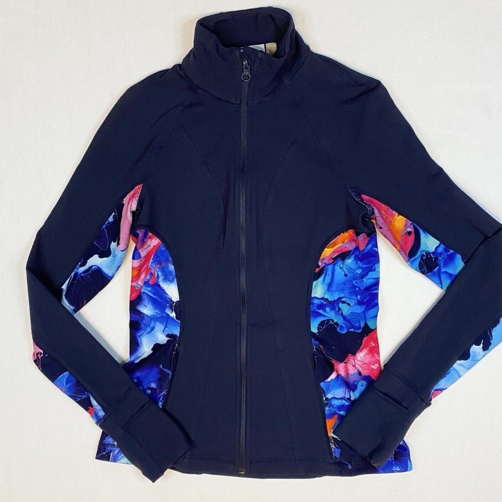 Athleta Women’s Super Impose Hope Jacket 2 Size XXS Navy Blue Floral Print Zip